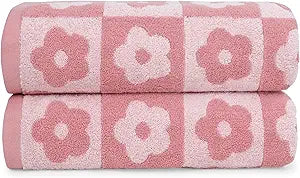 Jacquotha 2-Pieces Luxury Bath Towels Checkered Floral, Pink Towels for Women Girls Shower Body 27.5x55 Inches, Bathroom Decor & Pool Days, Cotton