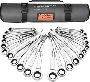 GRENPRO Ratcheting Wrench Set, Combination Wrench Set, 22-Piece SAE & Metric and Standard, 72Th Long Open End, 1/4" to 3/4" & 6-18mm, Organizer With Roll Up Pouch, CR-V Socket Mechanic Hand Tools Sets