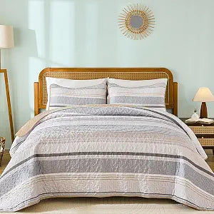 Dintszyayue Quilt King Size Khaki Grey, 3 Pcs Boho Striped Bedspread Set