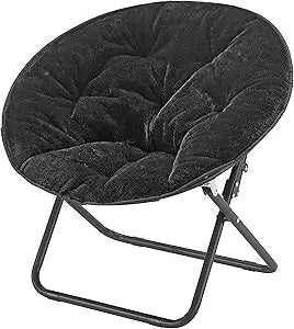 Heritage Kids Folding Faux Fur Saucer Chair 23 Inch Comfortable Plush Lounge Seating Soft Lightweight Portable Children Bedroom Playroom Modern Home Furniture Black