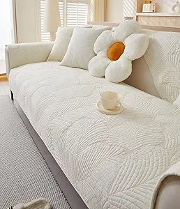 vCTops Soft Cotton Quilted Couch Cover Neutral Leaf Embroidery Sofa Cover Anti Slip Sectional Couch Washable Sofa Slipcover for Dogs, Children, Pets, Furniture Protector (Beige White, 43"x63")
