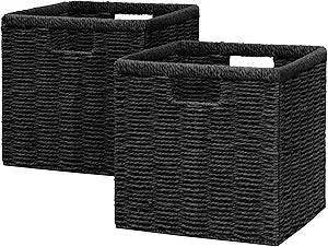 Vagusicc 11 inch Wicker Basket, Set of 2 Handwoven Storage Cubes with Handles, Foldable Paper Rope Storage Baskets for Organizing, Shelves, Bathroom, Black
