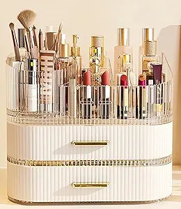 Makeup Organizer with Drawers and 360 Rotating Brush Holder, Large Capacity Cosmetic Storage for Vanity, Skincare, Perfume, Hair Accessories, Lipstick & Jewelry (Cream White, 3-layer)