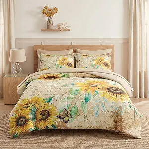 WeCozy 7 Pcs Queen Size Comforter Set with 2 Pillowcases & 2 Shams, Sunflower Floral Yellow Bedding for Kids and Adults, Flower Rustic Thanksgiving Bed in a Bag with Flat Fitted Sheet
