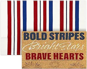 Duraaamo 2 Pcs 4th of July Natural Coir Door Mat Outdoor Red Blue White Welcome Rug Patriotic Mat Non-Slip Independence Day 4th July Indoor Entrance Outside Porch Front Decor