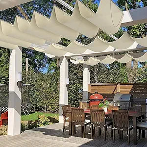 Windscreen4less 4' x 16' Waterproof Retractable Sun Shade Canopy Cover Sliding Wave Shade Sail for Pergola Patio Deck Yard Gazebo Outdoor (Beige)