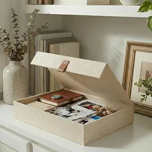 ZICOTO Decorative Photo Storage Box with Lid - Beautiful Linen Organizer