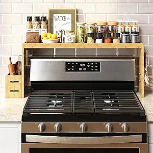 Bamboo Stove Shelf, Spice Shelf for Kitchen Stove, 31in Over the Stove Shelf, Stove Top Shelf for Back of Stove with EVA Kitchen Liner, Utensil Holder & 6 Hooks, for Over Stove