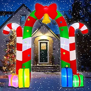 BLOWOUT FUN Christmas Inflatables,10FT Giant Candy Archway with Gifts Bow Bell,Blow-up Xmas Decoration with Built-in LED Lights & Blower for Indoor Outdoor Holiday Party Art Decor