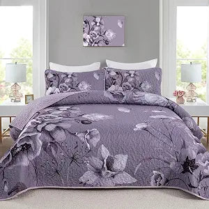 Drucon Floral Quilt Set Queen 3 Pieces Dark Purple Boho Flower Quilt Set
