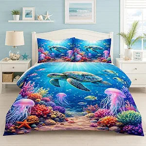 Blue Ocean Turtle Comforter Set Twin Size 1 Comforter 2 Pillowcase for Kids