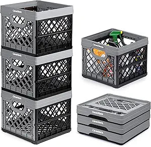 CleverMade Collapsible Milk Crate 25L (6.6 Gal) 3 Pack, 50 lb Capacity Heavy Duty Folding Crate Stackable Storage Crates with File Rails, Plastic Collapsible Crates - Stone