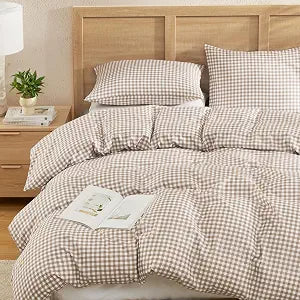 Andency Tan Gingham Duvet Cover King, Brown Checkered Plaid Bedding Set