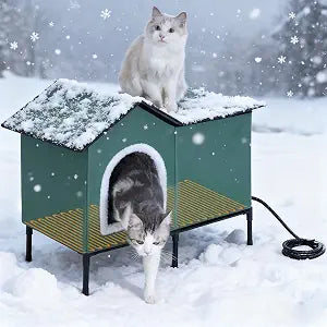 Heated Cat House for Indoor/Outdoor Use, Elevated/Insulated Feral Cat House, Heated Cat Bed with Pets Heating Pad, Warm House for Outside Stray Cats (Green,Large)