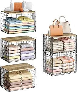 5-Tier Large Stackable Closet Organizer and Storage Basket, Sturdy Closet Shelf Organizer with Wood Top, Stackable Storage Bins Cubes for Clothes with Adjustable Shelf for Wardrobe Organization
