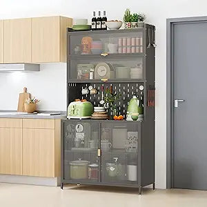73 Tall Kitchen Metal Pantry Cabinet, Pantry Storage Cabinet with Microwave Shelf and Door, Hutch for Kitchen, Dining Room, Living Room