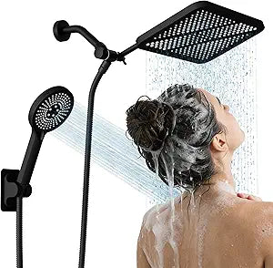 RFOUO Wide Rain Shower Head with Handheld, High Pressure Rainfall Showerhead Combo with Arm,Detachable Dual Shower with Multi Modes Handheld Spray Matte Black