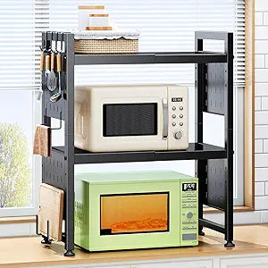 Expandable Microwave Stand, Heavy Duty 3-Tier Adjustable Microwave Oven Rack Shelf with 8 Hooks & 2 Holders, Space-saving Kitchen Counter Shelf for kitchen organizers and storage, 200lbs Capacity