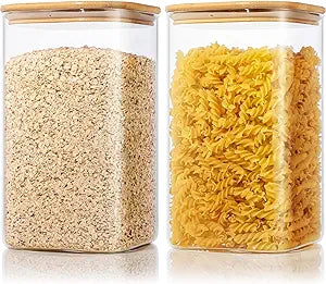 Extra Large Square Glass Flour & Sugar Storage Containers with Airtight Lids, 168 floz - 2 Pack Glass Jars with Bamboo Lids for Pantry, Air tight Food Storage Containers for Cereal, Pasta, Rice