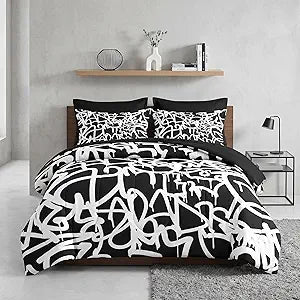 Nesker 7 Pcs Comforter Set Queen Size, Abstract Graffiti Bedding Set for Kids and Adults, White Black Paint Funny Bed Sheet Sets with Fitted Sheet 2 Pillowcases & 2 Shams