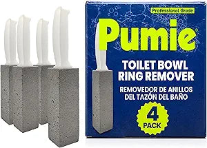 PUMIE Pumice Stone Toilet Bowl Cleaner (4-Pack) - Toilet Pumice Stone with Handle - Heavy Duty Scouring Stick for Rings, Bowls, Hard Water Stains, Lime, Rust, Sink - Includes Handle for Easy Use