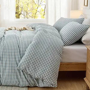 KKJIAF Dusty Blue Plaid Duvet Cover Set Queen Size (90"x90"), 3 Pcs Cotton Gingham Duvet Cover with Pillowcases, Comfy Linen Feel Farmhouse Checkered Comforter Bedding Set, Comforter Not Included