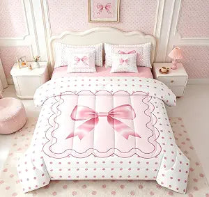 Feelyou Pink Silk Bowknot 7 Piece Bedding Set for Kids