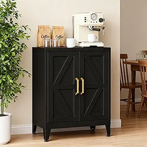 Short Storage Cabinet with 2 Doors and Adjustable Shelves, Metal Pantry Cabinets Coffee Bar Cabinet, Kitchen Sideboard Cabinet, Small Floor Cabinet for Dining 24 W x 12 D x 31.5 H, Black