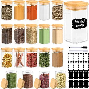 TBWIND 20 Pack 8 oz Square Glass Spice Jars with Lids and Labels Airtight Small Spice Containers Set, Clear Glass Storage Jars for Seasoning, Spices, Kitchen Pantry Organization