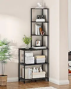 CHOEZON 6-Tier Corner Shelf, Industrial Corner Bookshelf with Desk Top, Diamond-Shaped Storage Shelves, Display Stand for Small Spaces, Living Room, Home Office, Foyer, Black TCJ70BB