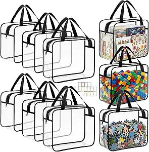 Talltalk 9 Pcs 3 Sizes Zipper Toy Storage Bags with Labels Clear PVC Storage Bags with Handles Waterproof Toy Organizer for Building Blocks Puzzle Cosmetics Snacks (Widened Sides,Black)