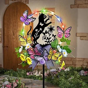 Cat Solar Lights Outdoor Garden,Silhouette Cat with Butterflies Waterproof Garden Stake for Yard, Lawn,Best Gifts for Women