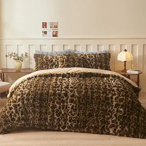 LIFEREVO Cheetah Print Fluffy Faux Rabbit Fur Duvet Cover Set, Leopard Print Soft Plush Shaggy Bubble Bedding Set 3 Pieces (1 Fuzzy Comforter Cover + 2 Furry Pillowcases) Zipper Closure, Brown, Queen