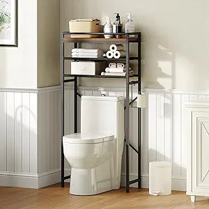 MAHANCRIS Over Toilet Storage, 3-Tier Bathroom Organizer Shelf with Toilet Paper Holder, Freestanding Space Saver Bathroom Shelves Above Toilet for Bathroom, Laundry Room, Rustic Brown TSHR1201