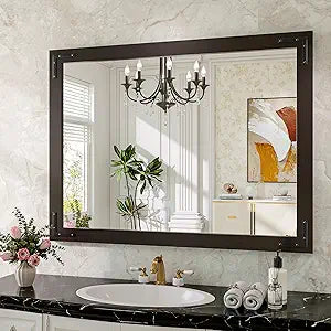 Black Farmhouse Bathroom Mirror, 40x30 Inch Black Wooded Framed Vanity Mirror for Wall, Rectangular Rustic Wall Decor Mirrors for Entryway Living Room Bedroom