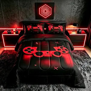 Boys Gamer Comforter Set Twin Size,Gamepad Bedding Set Kids Young Man Video Games Down Comforter for Teen Child Game Room Decor Black Red Classic Retro Gaming Quilted Duvet Set with Pillowcase