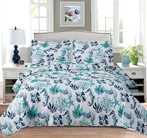 Jarson 3 Pcs Summer Coastal Quilts King Size Conch Seashell Coverlet Set Lightweight Beach Bedspreads Reversible Ocean Bedding with 2 Pillow Shams Teal Blue White