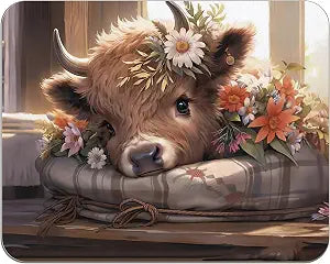 OFlich Highland Cow Mouse Pad - Highland Cow Mouse Pads for Desk, Floral Mouse Pad, Highland Cow Mousepad with Non-Slip Rubber Base for Laptop Computer Desktop Keyboard (9.57.9 Inch), Small, JW560