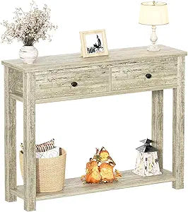 Homieasy Farmhouse Console Table with 2 Drawers, 32 Inch Small Sofa Table with Storage Shelf for Living Room, Behind Couch, Entryway Table for Hallway, Living Room, or Foyer, Light Rustic Oak