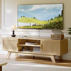 ChooChoo 59.5" Fluted TV Stands for 65 Inch TV, Mid Century Modern Entertainment Center with Storage and Adjustable Shelf, Long TV Console Media Table for Living Room, Bedroom, Natural Oak