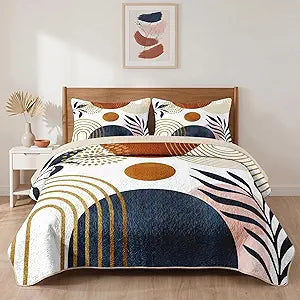 Pamnest Quilt Set King Size, Gold Yellow Mid Century 3 Pcs Soft Bed Cover Bedding Set for Kids and Adults, Sun Boho Geometric Leaf Lightweight Bedspread Coverlet with Pillow Sham for All Season