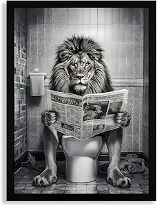WRFON Framed Lion Bathroom Wall Art, Funny Lion Reading Newspaper on Toilet Bathroom Artwork, Black and White Animal Canvas Wall Painting, Modern Farmhouse Decoration for Home Decor, 16" W x 24" L