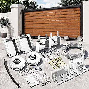 Heavy Duty Telescoping Sliding Gate Hardware Kit Saving Driveway Gate System with 33ft Stainless Steel Cable Bearing Pulleys Bracket Anchor Bolt and Mounting Hardware for Farm Driveways