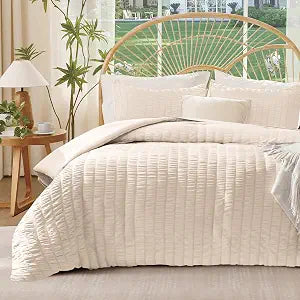 FreshCulture Beige Duvet Cover Queen Size, 3-Piece Seersucker Duvet Cover Set, Ultra Soft Microfiber Bedding for All Seasons, Zipper Closure & Corner Ties(90"x90" + 2 PillowSham 20"x26")