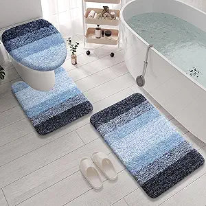 Arotive Microfiber Bathroom Rugs 3 Piece with Toilet Lid Cover, Shaggy Soft and Absorbent Bath Rug, Non-Slip, Machine Washable Bath Mats for Bathroom24x16+24x20+17.5x15, Blue