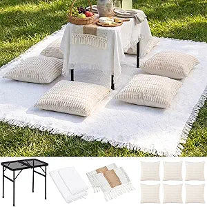 Novabright 10 Pcs Boho Picnic Kit Folding Camping Table with Outdoor Large Boho Picnic Blanket Tablecloth Table Flag Cotton Pillowcases, Portable Picnics Furniture Set for Camp Garden Wedding Party