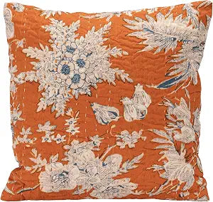 Creative Co-Op Square Cotton Voile Printed Pillow with Florals, Hand-Embroidered Kantha Stitch and Chambray Back, Gold with Blue and White