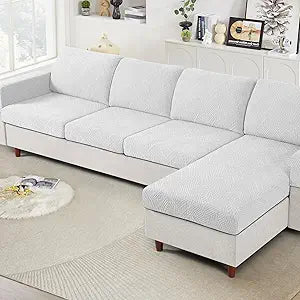Ruaozz Couch Cushion Covers for Sectional Sofa Stretch Seat Cushion Covers Washable Sofa Slipcovers for L Shaped Soft Furniture Protector Pet Friendly (3 PC Seat + 1 PC Chaise Cover, Ivory)