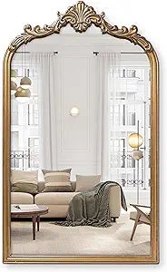 Wylde Iris English Estate Carved Arch Wood Wall Mirror, Mirror for Entryway, Living Room, Bathroom, Antique Gold, 20.4x33