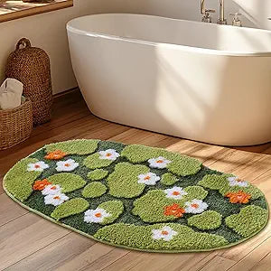 Green Floral Long Moss Bathroom Runner Rug Bath Mat, Ultra Thick Soft 3D Aesthetic Decor Cute Tufted Bath Rugs, Non Slip Absorbent Washable Moss Carpet for Shower Floor Sink Bedroom, 24x48
